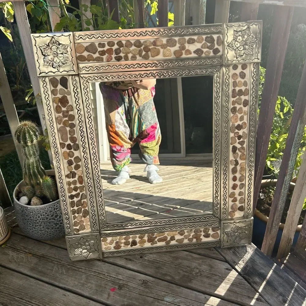 Mexican Tin Mirror Handcrafted - Rocks & Flowers 29" x 25" - Picture 2 of 16